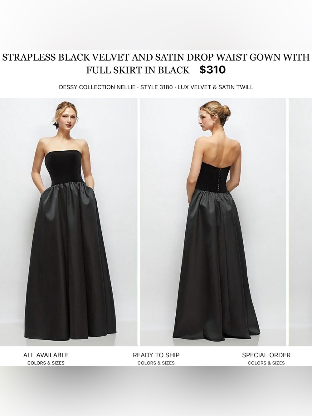 Dessy Collection Strapless Black Velvet & Satin Drop Waist Gown